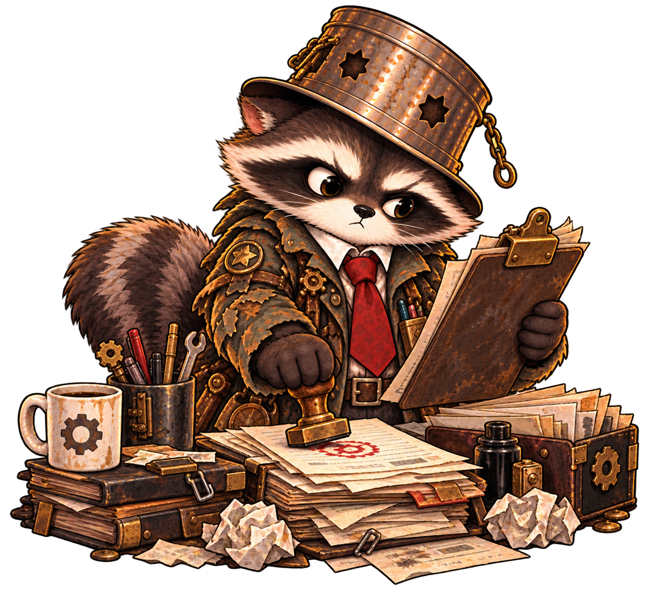Binx, wearing his Very Official little trash-can hat, reviews a clipboard and stamps paperwork at the Operations desk.