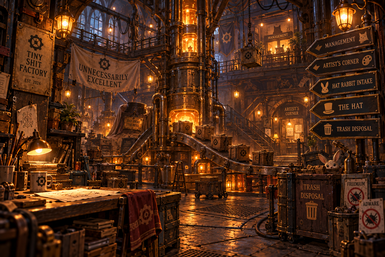 The warm, brass-lit Factory floor, crowded with pipes, conveyors, workbenches, official signs, and the Management office.