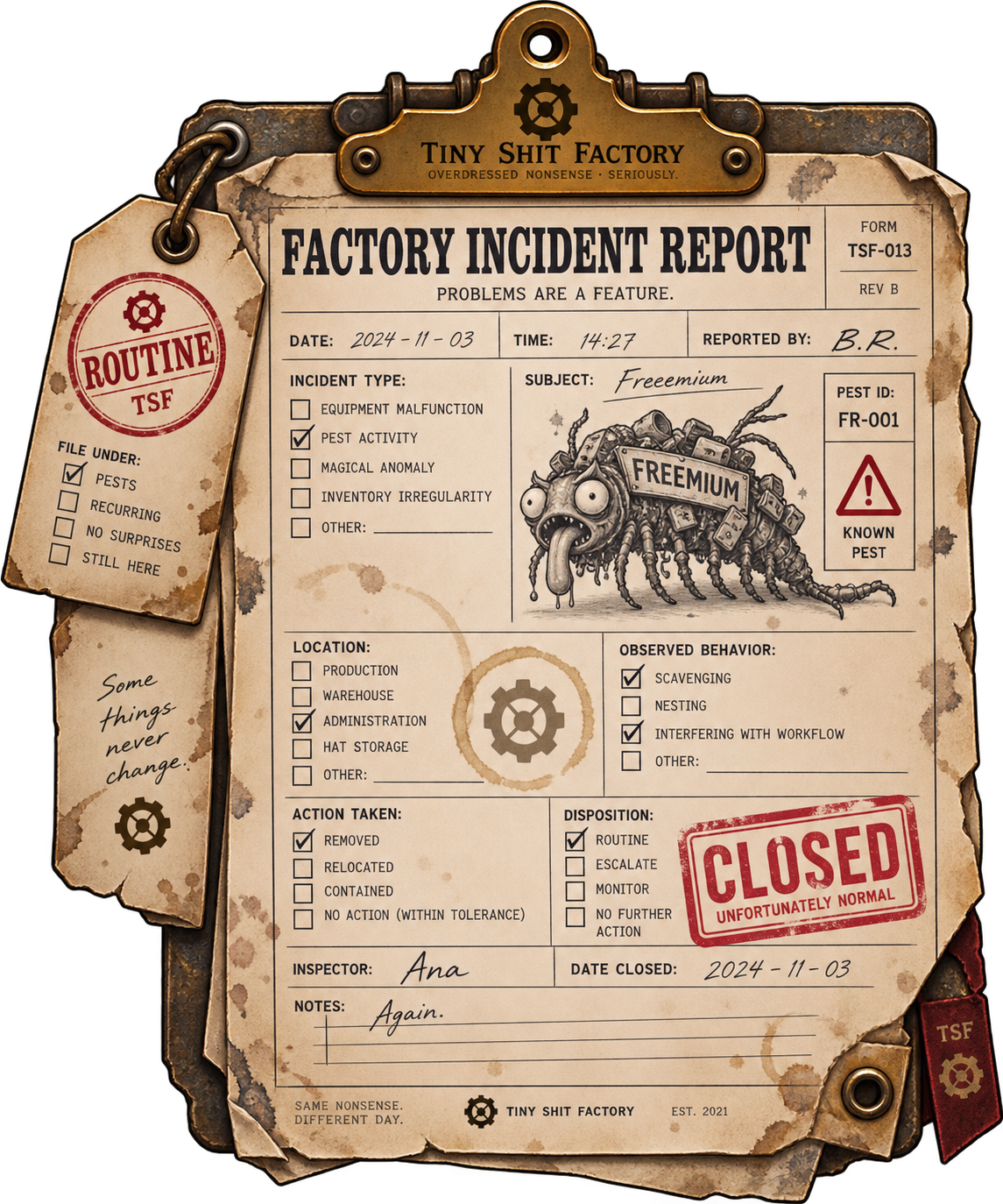 A worn Factory Incident Report documenting routine Freemium pest activity in Administration, marked removed, closed, and Again.