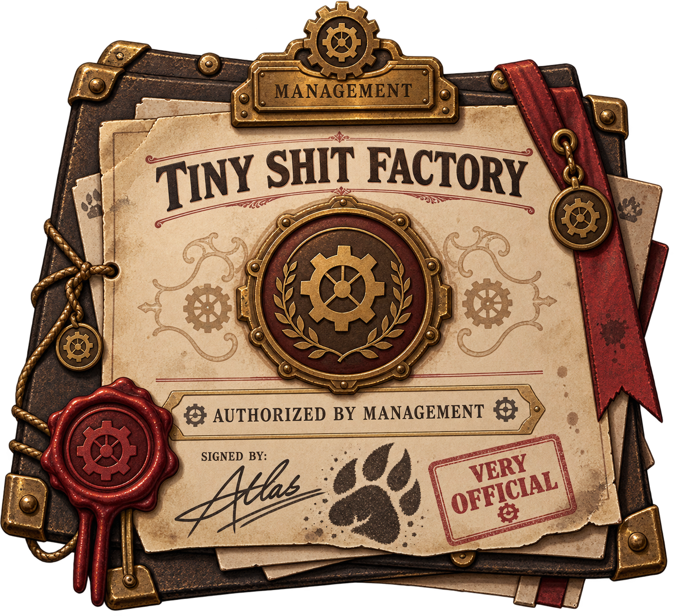 An ornate Tiny Shit Factory authorization plaque, signed and stamped Very Official by Management.