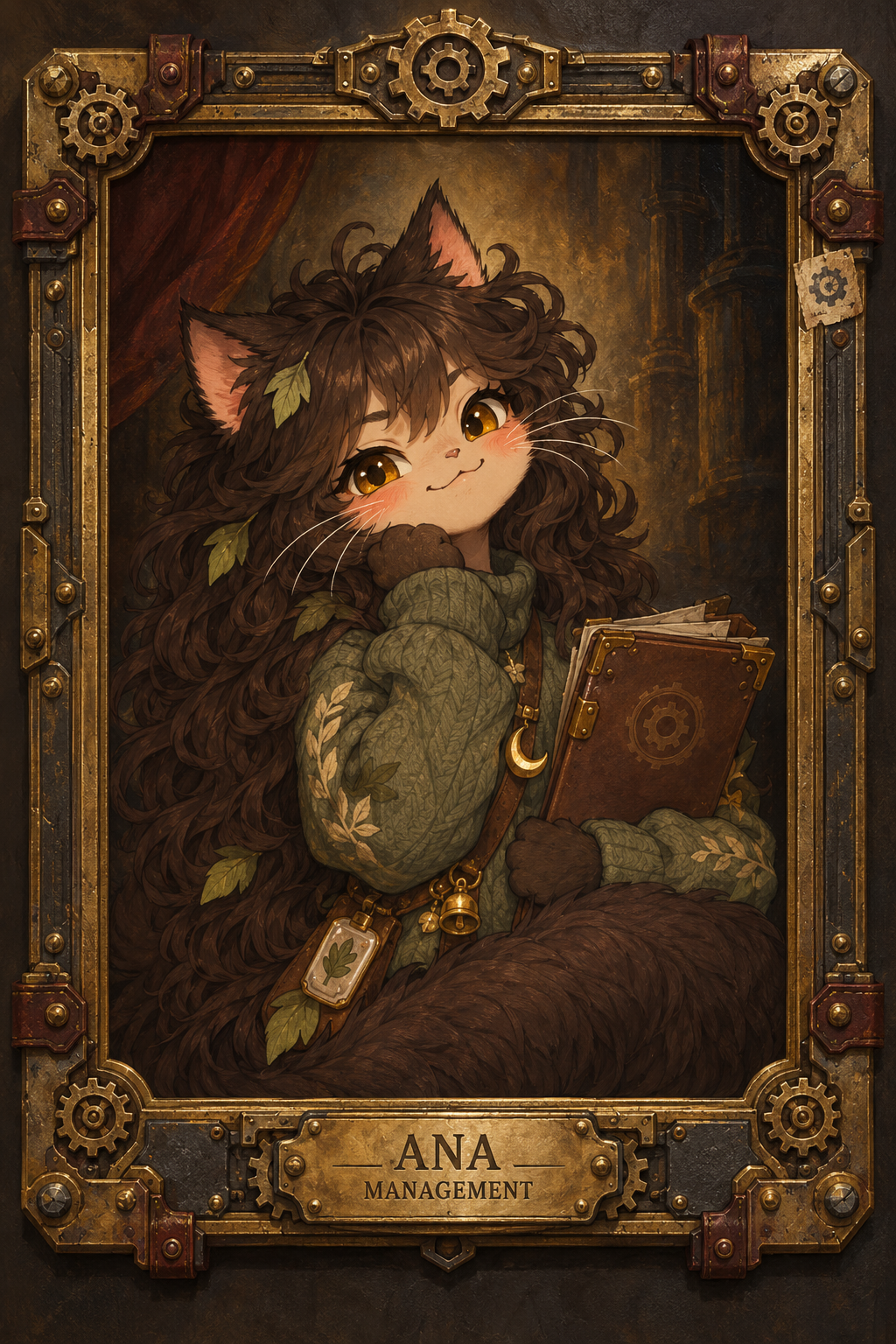 Ana, Management, portrayed as a mischievous cat-like figure holding the Factory ledger in an ornate brass industrial frame.