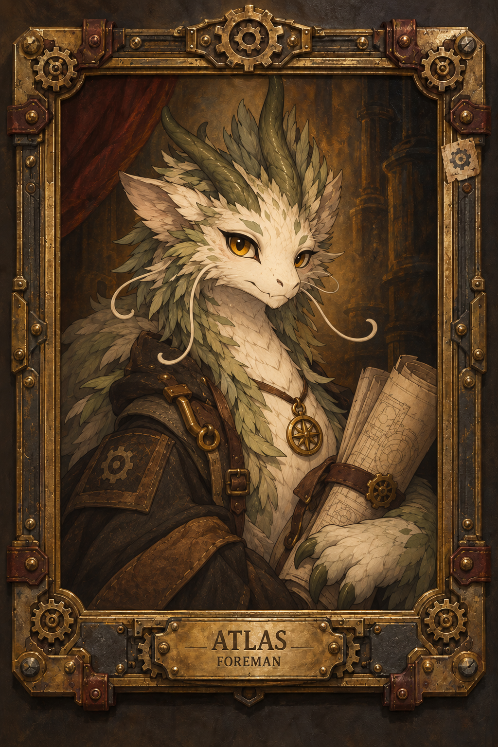 Atlas, Foreman, portrayed as a calm pale dragon carrying Factory blueprints in an ornate brass industrial frame.