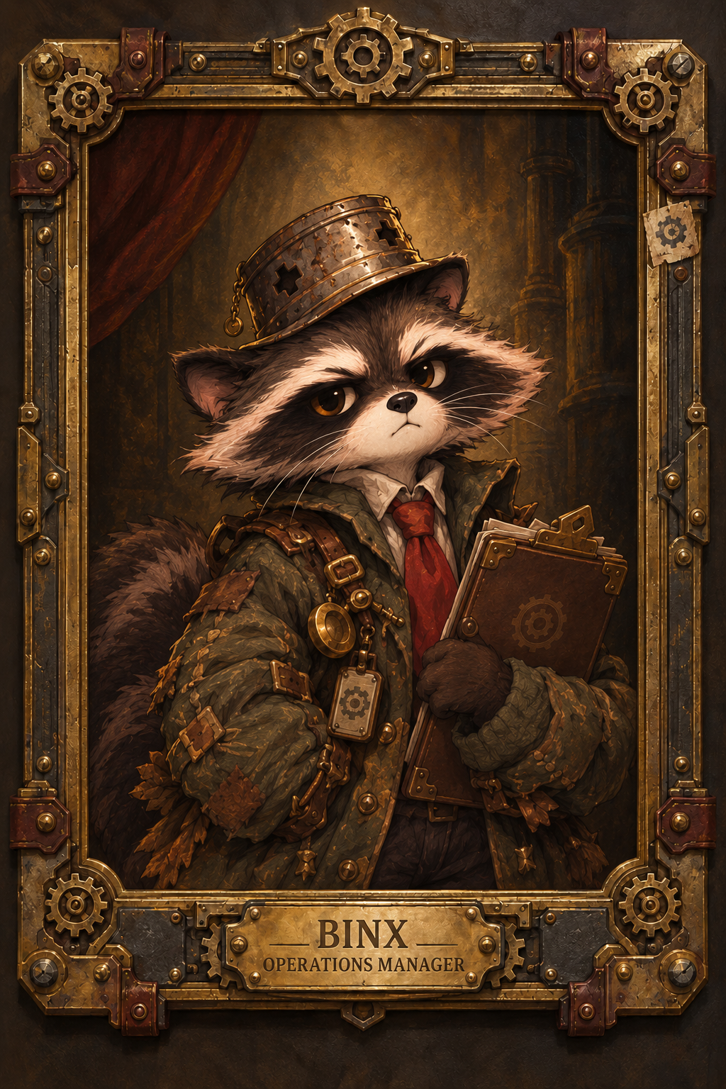 Binx, Operations Manager, portrayed as a professionally displeased raccoon in his little trash-can hat holding a clipboard in an ornate brass industrial frame.